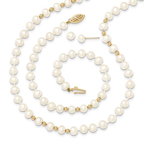 14KT GOLD WHITE CULTURED PEARL NECKLACE, BRACELET, & EARRING SET