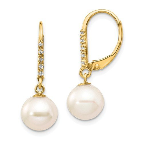 14KT Gold 8-9mm White Round Pearl and Diamond Leverback Earrings
