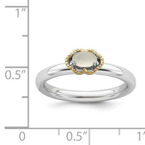 Sterling Silver & 14KT Gold Oval Cabochon Moonstone Flower Ring 4,4.5,5,5.5,6,6.5,7,7.5,8,8.5,9