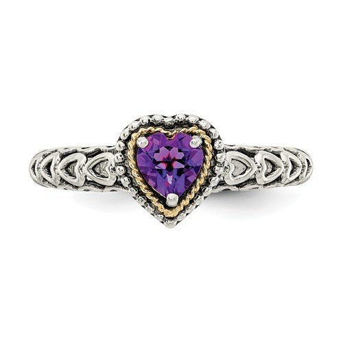 STERLING SILVER & 14KT GOLD 0.40 CT HEART AMETHYST RING 4,4.5,5,5.5,6,6.5,7,7.5,8,8.5,9