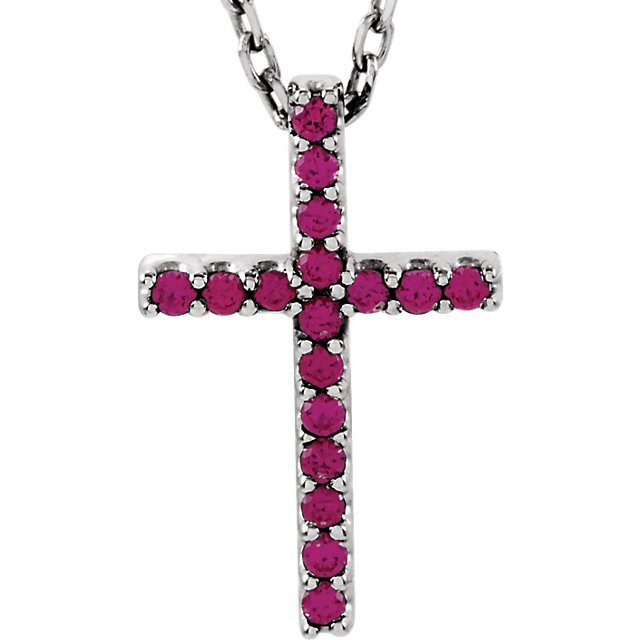 14KT GOLD 0.17 CTW GENUINE RUBY PETITE CROSS NECKLACE White