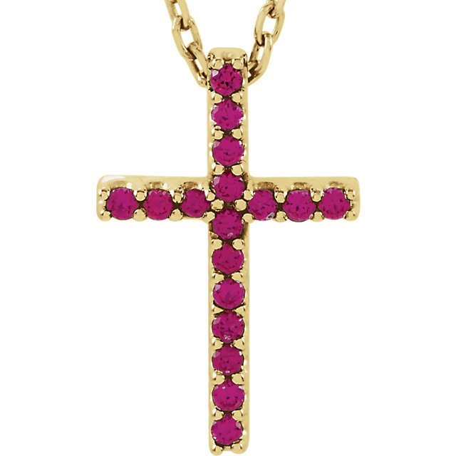 14KT GOLD 0.17 CTW GENUINE RUBY PETITE CROSS NECKLACE Yellow