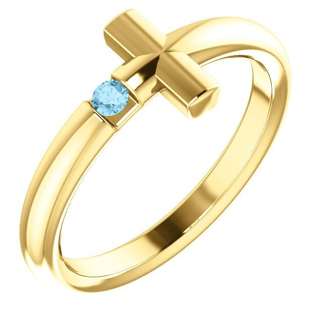 14KT GOLD ROUND AQUAMARINE SIDEWAYS CROSS RING 4 / Yellow,4.5 / Yellow,5 / Yellow,5.5 / Yellow,6 / Yellow,6.5 / Yellow,7 / Yellow,7.5 / Yellow,8 / Yellow,8.5 / Yellow,9 / Yellow