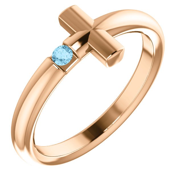 14KT GOLD ROUND AQUAMARINE SIDEWAYS CROSS RING 4 / Rose,4.5 / Rose,5 / Rose,5.5 / Rose,6 / Rose,6.5 / Rose,7 / Rose,7.5 / Rose,8 / Rose,8.5 / Rose,9 / Rose