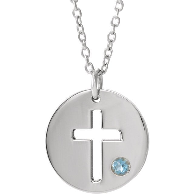 STERLING SILVER AQUAMARINE PIERCED CROSS DISC NECKLACE