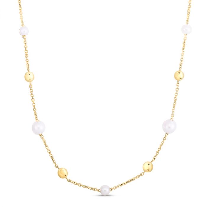 EMILIQUE 14KT YELLOW GOLD PEARL & GOLD BEAD TIN CUP NECKLACE