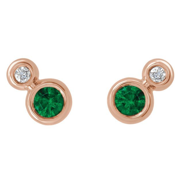 14KT Gold Emerald & Diamond Stud Earrings Rose