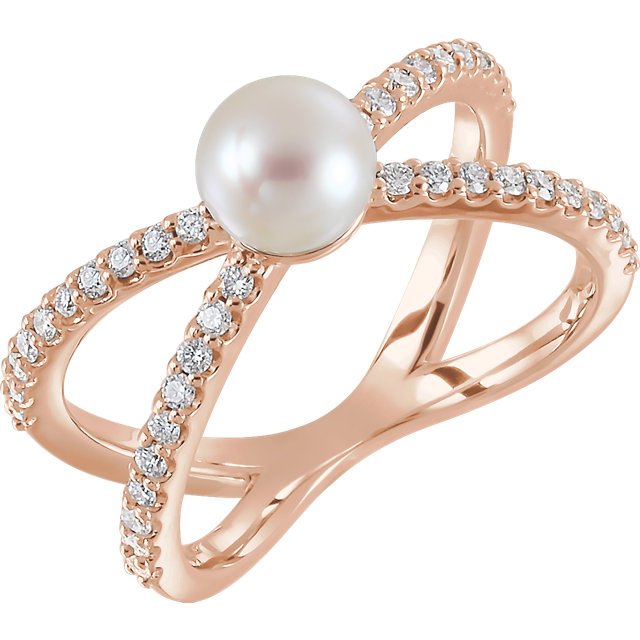 14KT Gold Pearl and Diamond Criss Cross Ring 4 / Rose,4.5 / Rose,5 / Rose,5.5 / Rose,6 / Rose,6.5 / Rose,7 / Rose,7.5 / Rose,8 / Rose,8.5 / Rose,9 / Rose