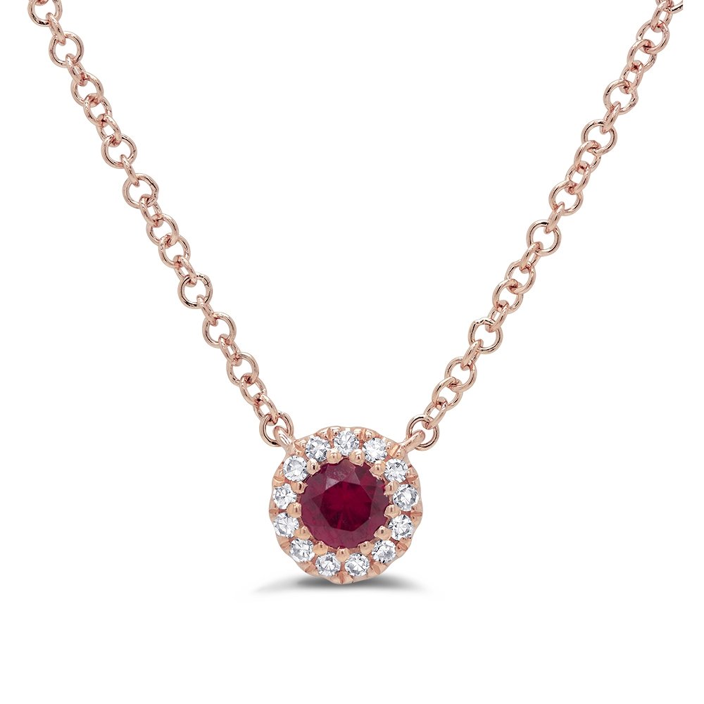 14KT GOLD 0.14 CT RUBY & 0.04 CTW DIAMOND PETITE HALO NECKLACE Rose