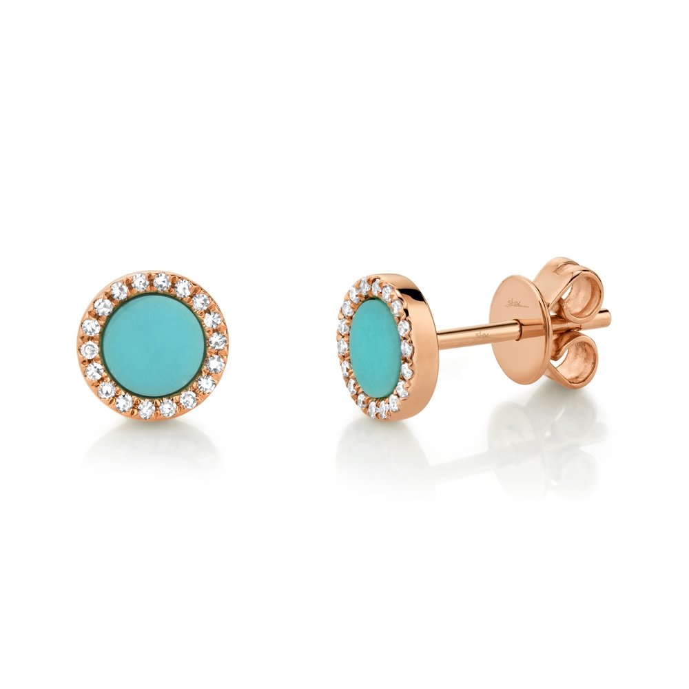 14KT GOLD .47 CTW TURQUOISE & .08 CTW DIAMOND HALO EARRINGS Rose