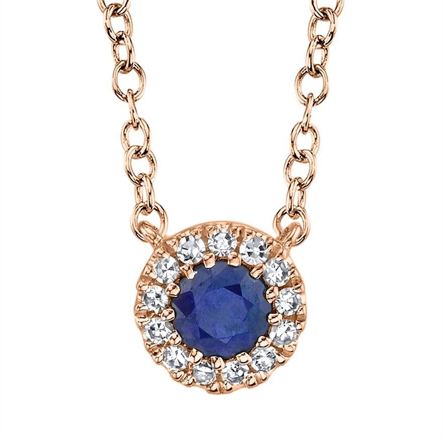 14KT GOLD 0.14 CT SAPPHIRE & .04 CTW DIAMOND HALO NECKLACE Rose,White,Yellow