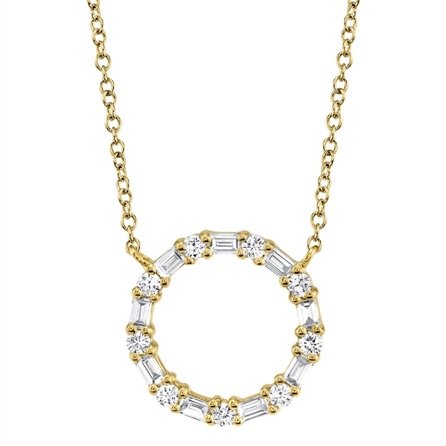 14KT GOLD .29 CTW BAGUETTE & ROUND DIAMOND CIRCLE NECKLACE Yellow
