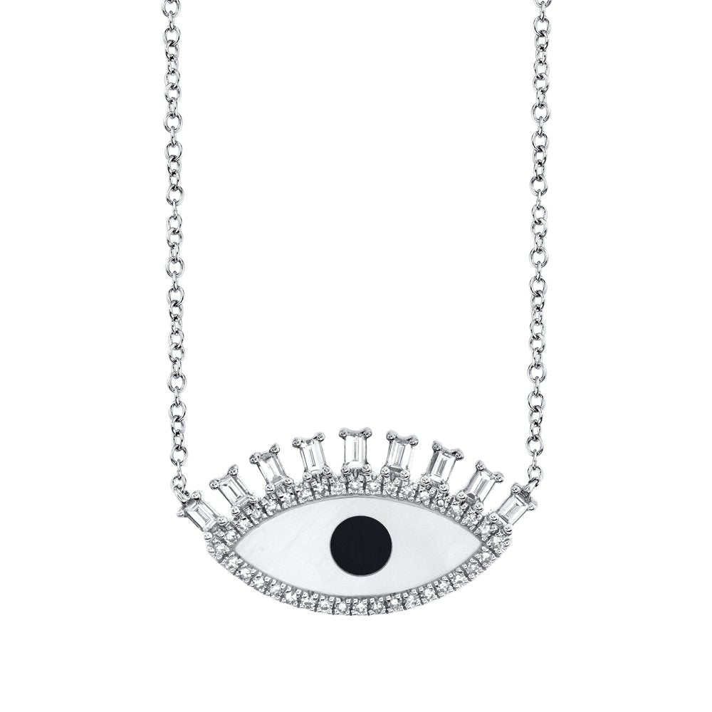 14KT White Gold .94 CT Onyx & Mother of Pearl & .29 CTW Diamond Eye Necklace