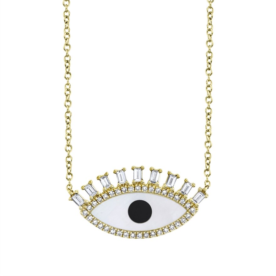 14KT Yellow Gold .94 CT Onyx & Mother of Pearl & .29 CTW Diamond Eye Necklace