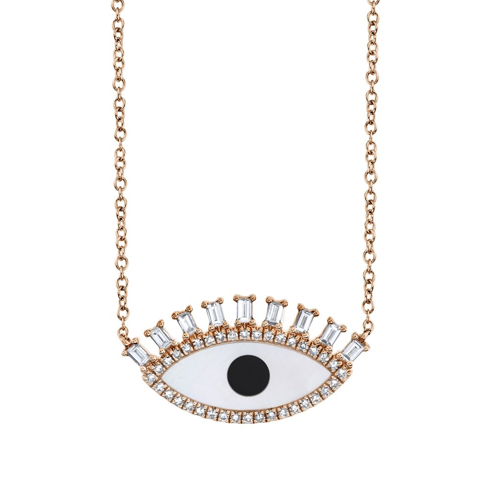 14KT Rose Gold .94 CT Onyx & Mother of Pearl & .29 CTW Diamond Eye Necklace