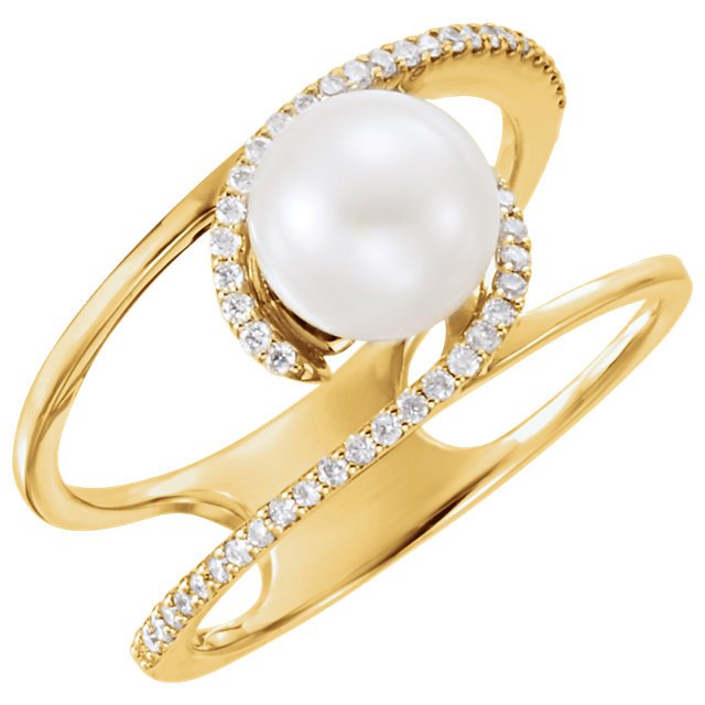 14KT Gold Freshwater Cultured Pearl & 1/8 CTW Diamond Ring 4 / Yellow,4.5 / Yellow,5 / Yellow,5.5 / Yellow,6 / Yellow,6.5 / Yellow,7 / Yellow,7.5 / Yellow,8 / Yellow,8.5 / Yellow,9 / Yellow