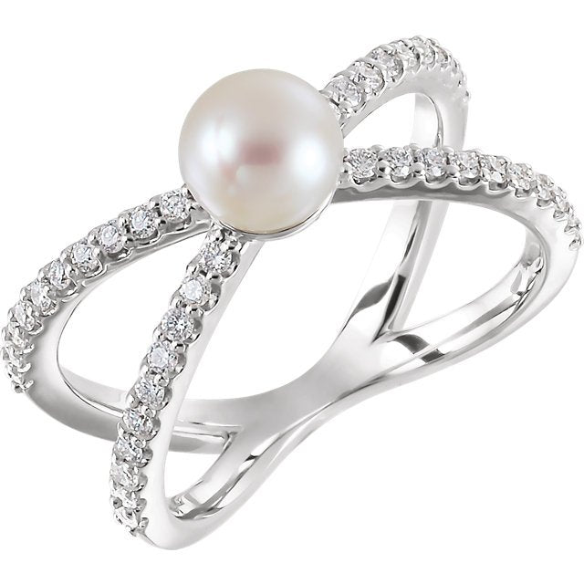 14KT Gold Pearl and Diamond Criss Cross Ring 4 / White,4.5 / White,5 / White,5.5 / White,6 / White,6.5 / White,7 / White,7.5 / White,8 / White,8.5 / White,9 / White