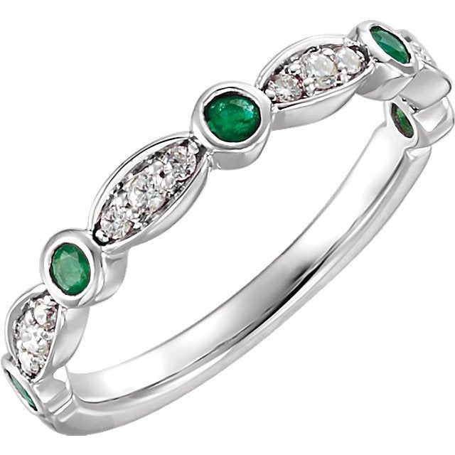 14KT White Gold Emerald and 1/6 CTW Diamond Stackable Ring 4,4.5,5,5.5,6,6.5,7,7.5,8,8.5,9