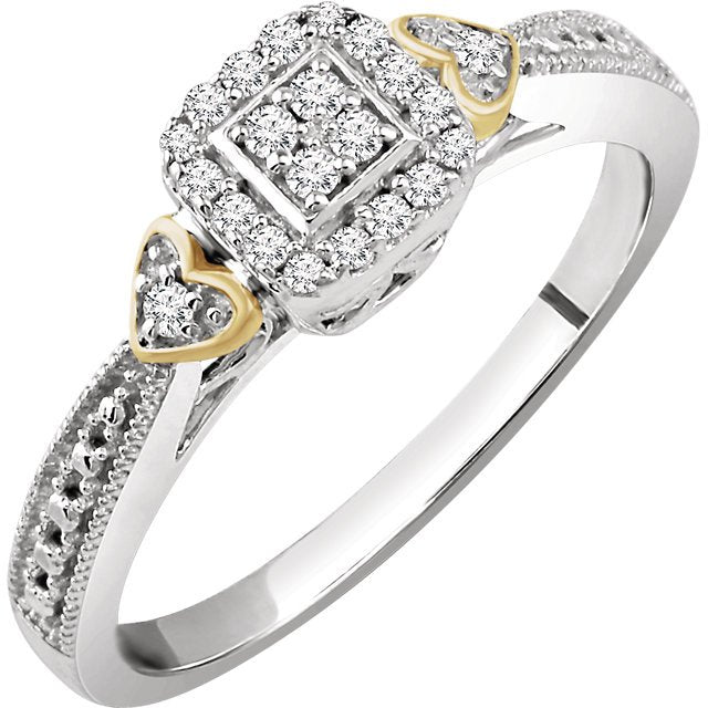10KT White & Yellow 1/6 CTW Diamond Square and Heart Promise Ring 4,4.5,5,5.5,6,6.5,7,7.5,8,8.5,9