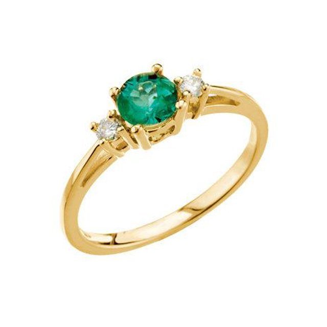 14KT Yellow Gold Emerald & Diamond Accented 3-Stone Ring 4,4.5,5,5.5,6,6.5,7,7.5,8,8.5,9