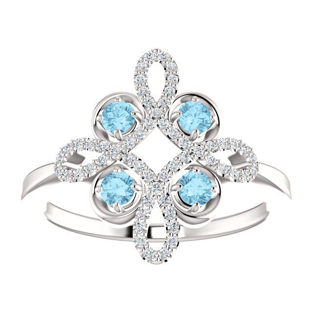 14KT GOLD AQUAMARINE & DIAMOND CLOVER RING 4 / White,4.5 / White,5 / White,5.5 / White,6 / White,6.5 / White,7 / White,7.5 / White,8 / White,8.5 / White,9 / White