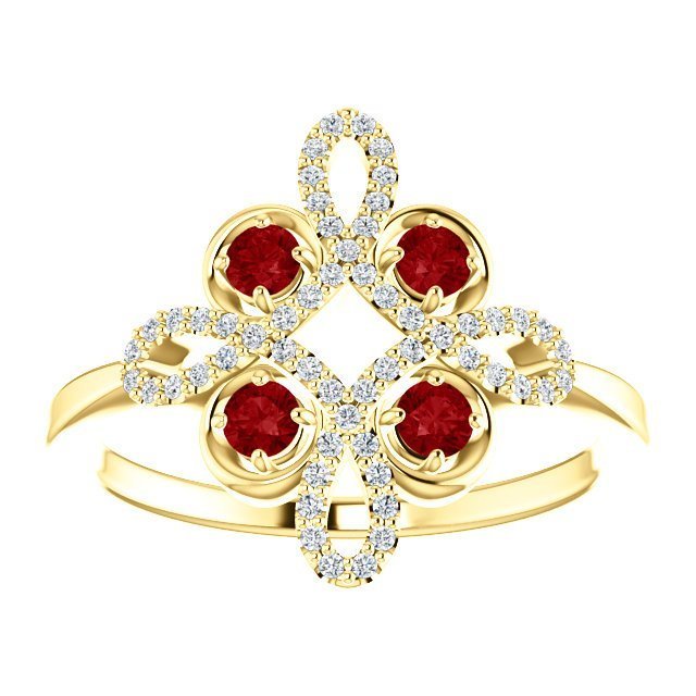14KT GOLD RUBY AND DIAMOND CLOVER RING 4 / Yellow,4.5 / Yellow,5 / Yellow,5.5 / Yellow,6 / Yellow,6.5 / Yellow,7 / Yellow,7.5 / Yellow,8 / Yellow,8.5 / Yellow,9 / Yellow