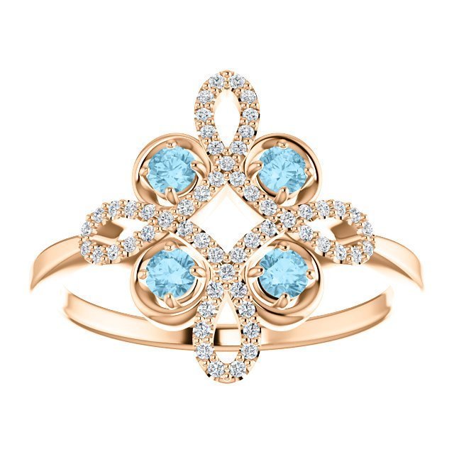 14KT GOLD AQUAMARINE & DIAMOND CLOVER RING 4 / Rose,4.5 / Rose,5 / Rose,5.5 / Rose,6 / Rose,6.5 / Rose,7 / Rose,7.5 / Rose,8 / Rose,8.5 / Rose,9 / Rose