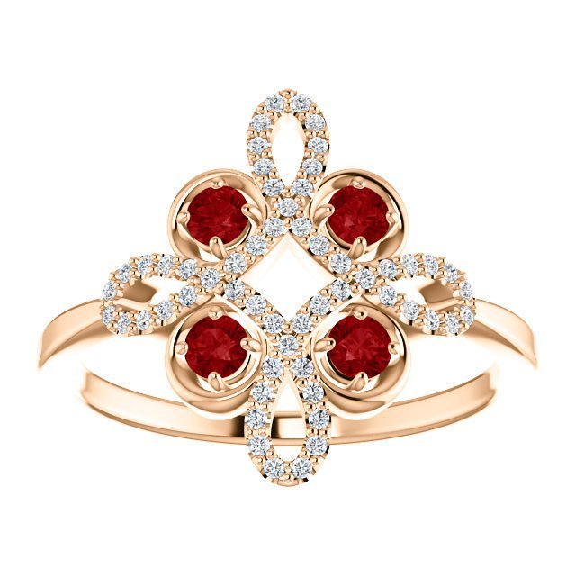 14KT GOLD RUBY AND DIAMOND CLOVER RING 4 / Rose,4.5 / Rose,5 / Rose,5.5 / Rose,6 / Rose,6.5 / Rose,7 / Rose,7.5 / Rose,8 / Rose,8.5 / Rose,9 / Rose