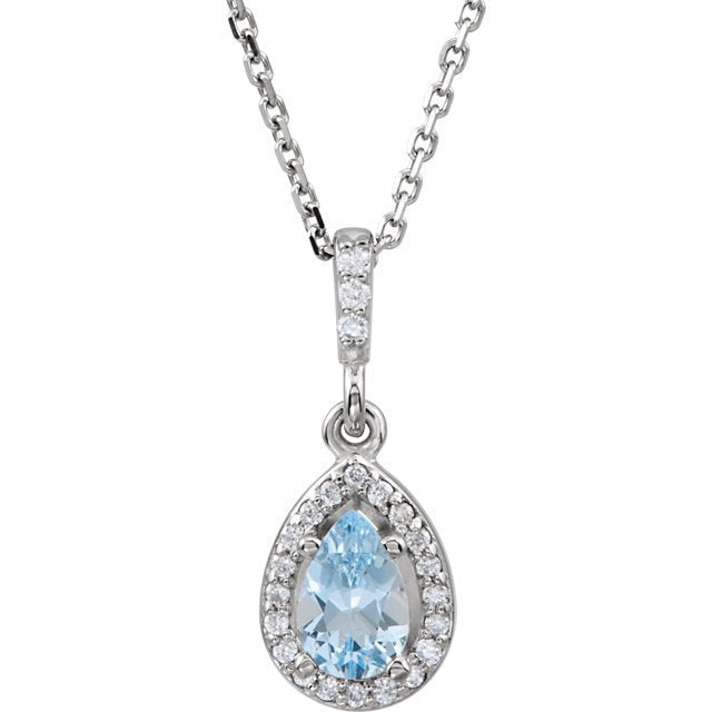 14KT WHITE GOLD AQUAMARINE & DIAMOND 18" NECKLACE