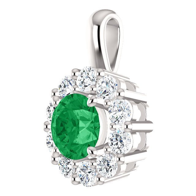 14KT White Gold Round Emerald and Diamond Halo Pendant