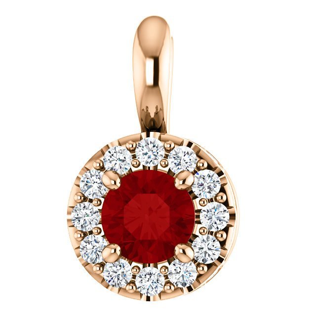 14KT Gold Ruby and Diamond Halo Pendant Rose