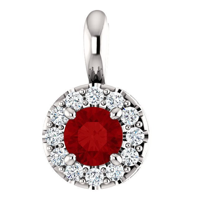 14KT Gold Ruby and Diamond Halo Pendant White