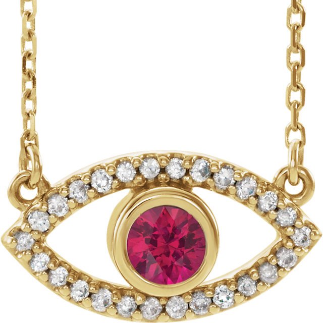14KT GOLD RUBY & WHITE SAPPHIRE EVIL EYE 18" NECKLACE Yellow
