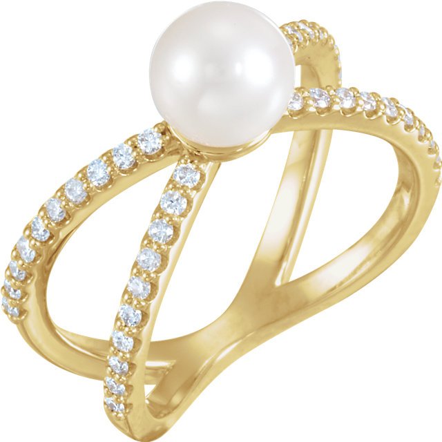 14KT Gold Pearl and Diamond Criss Cross Ring 4 / Yellow,4.5 / Yellow,5 / Yellow,5.5 / Yellow,6 / Yellow,6.5 / Yellow,7 / Yellow,7.5 / Yellow,8 / Yellow,8.5 / Yellow,9 / Yellow