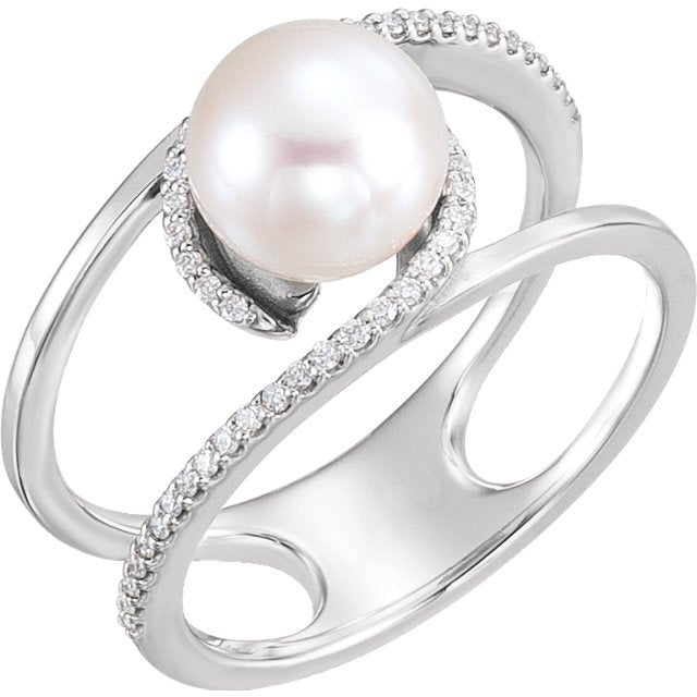 14KT Gold Freshwater Cultured Pearl & 1/8 CTW Diamond Ring 4 / White,4.5 / White,5 / White,5.5 / White,6 / White,6.5 / White,7 / White,7.5 / White,8 / White,8.5 / White,9 / White