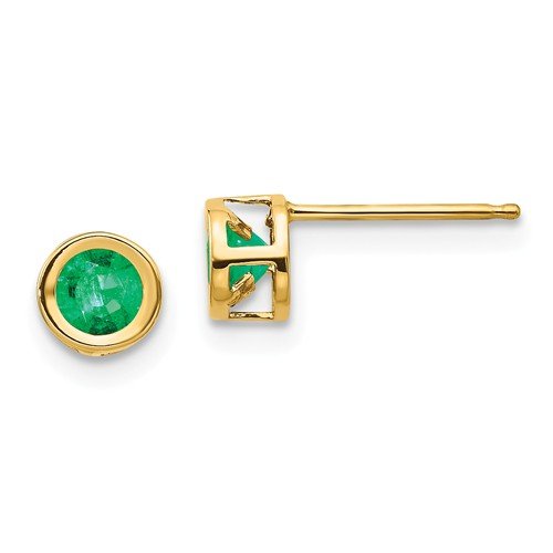 14KT Gold Round Bezel Set Emerald Stud Earrings Yellow