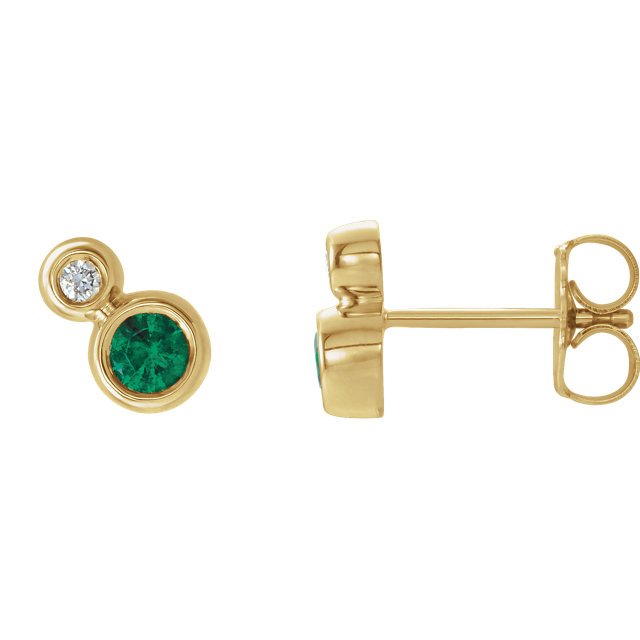 14KT Gold Emerald & Diamond Stud Earrings Rose,White,Yellow