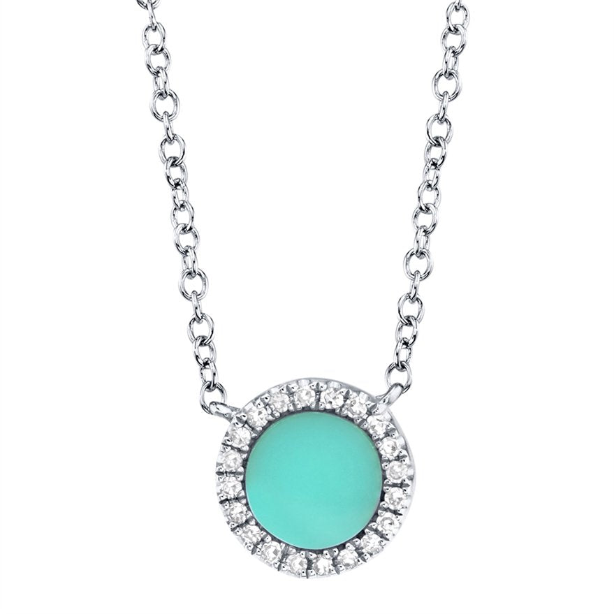 14KT GOLD 1/3 CT TURQUOISE AND DIAMOND HALO NECKLACE White