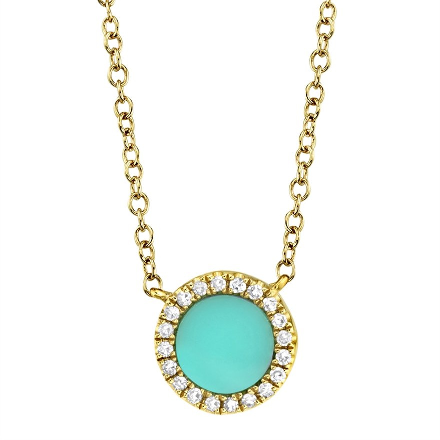 14KT GOLD 1/3 CT TURQUOISE AND DIAMOND HALO NECKLACE Yellow