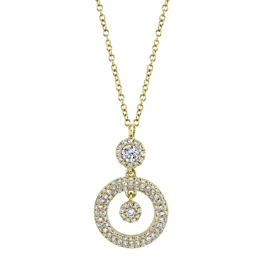 14KT Gold .39 CTW Diamond Double Round Halo Drop Necklace Yellow