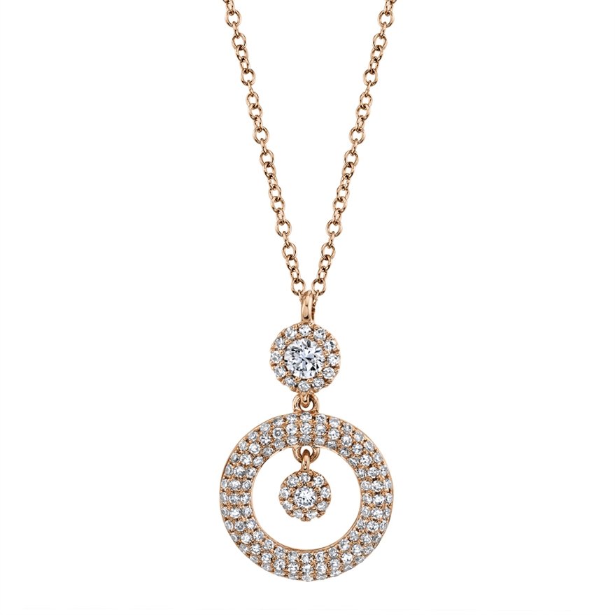 14KT Gold .39 CTW Diamond Double Round Halo Drop Necklace Rose