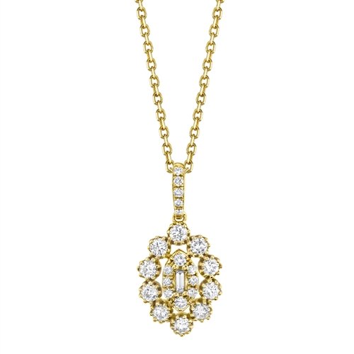 14KT Gold .45 CTW Baguette and Round Diamond Floral Necklace Yellow