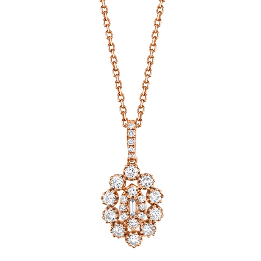 14KT Gold .45 CTW Baguette and Round Diamond Floral Necklace Rose